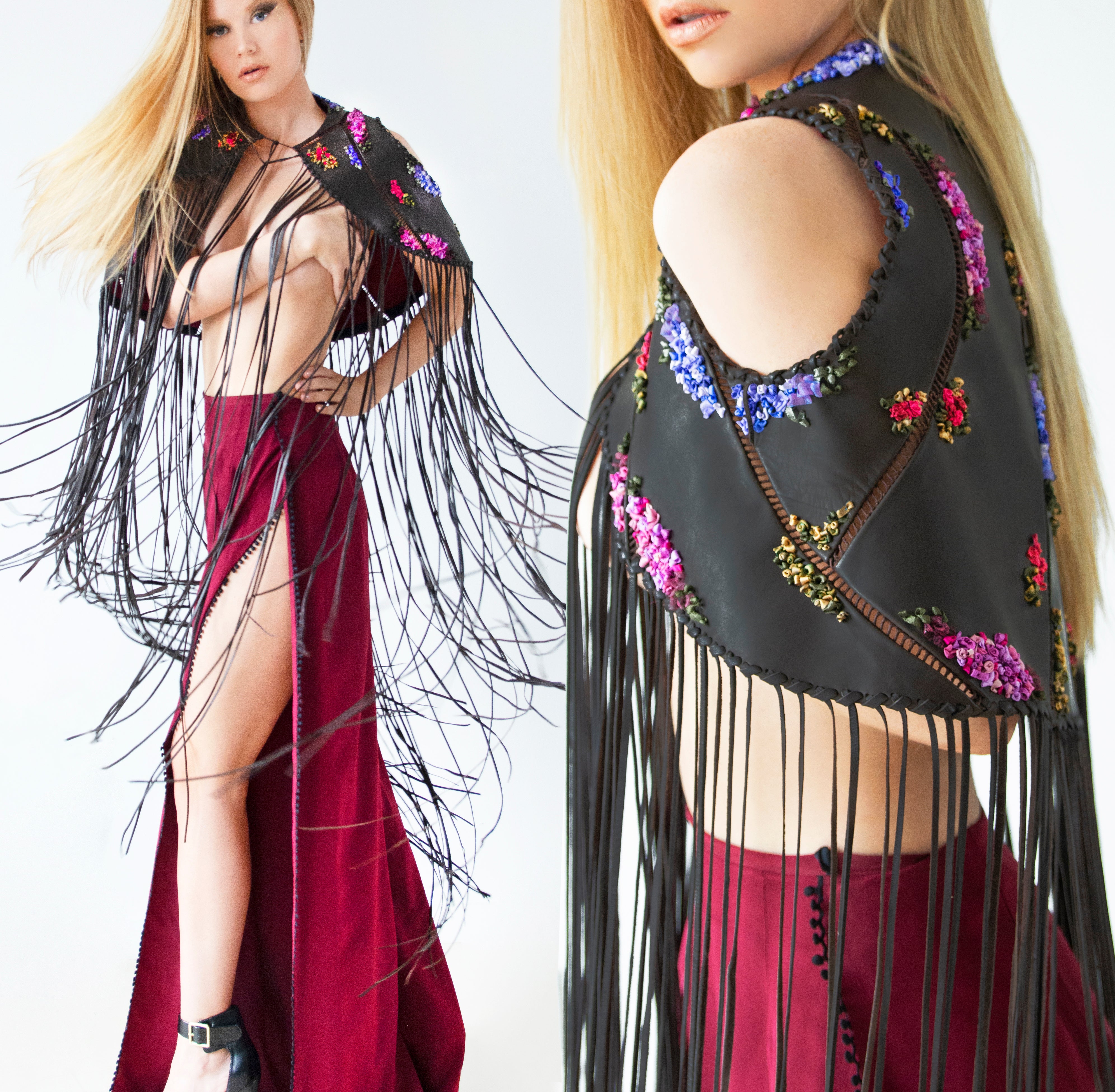 Silk Ribbon Embroidered Leather Jacket with Long Tassels - KxLNewYork