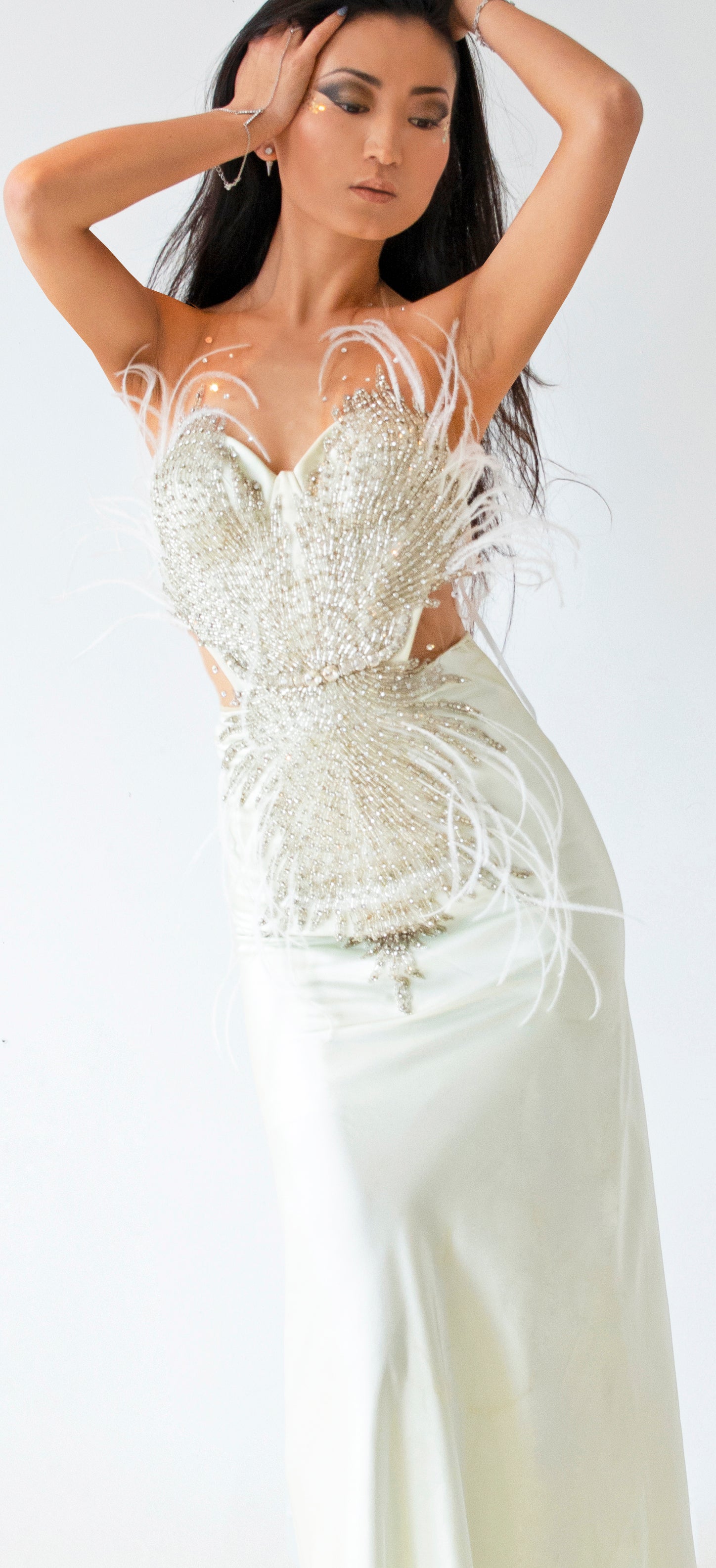 Mint Crystal Beaded with Feathers Evening Gown - KxLNewYork