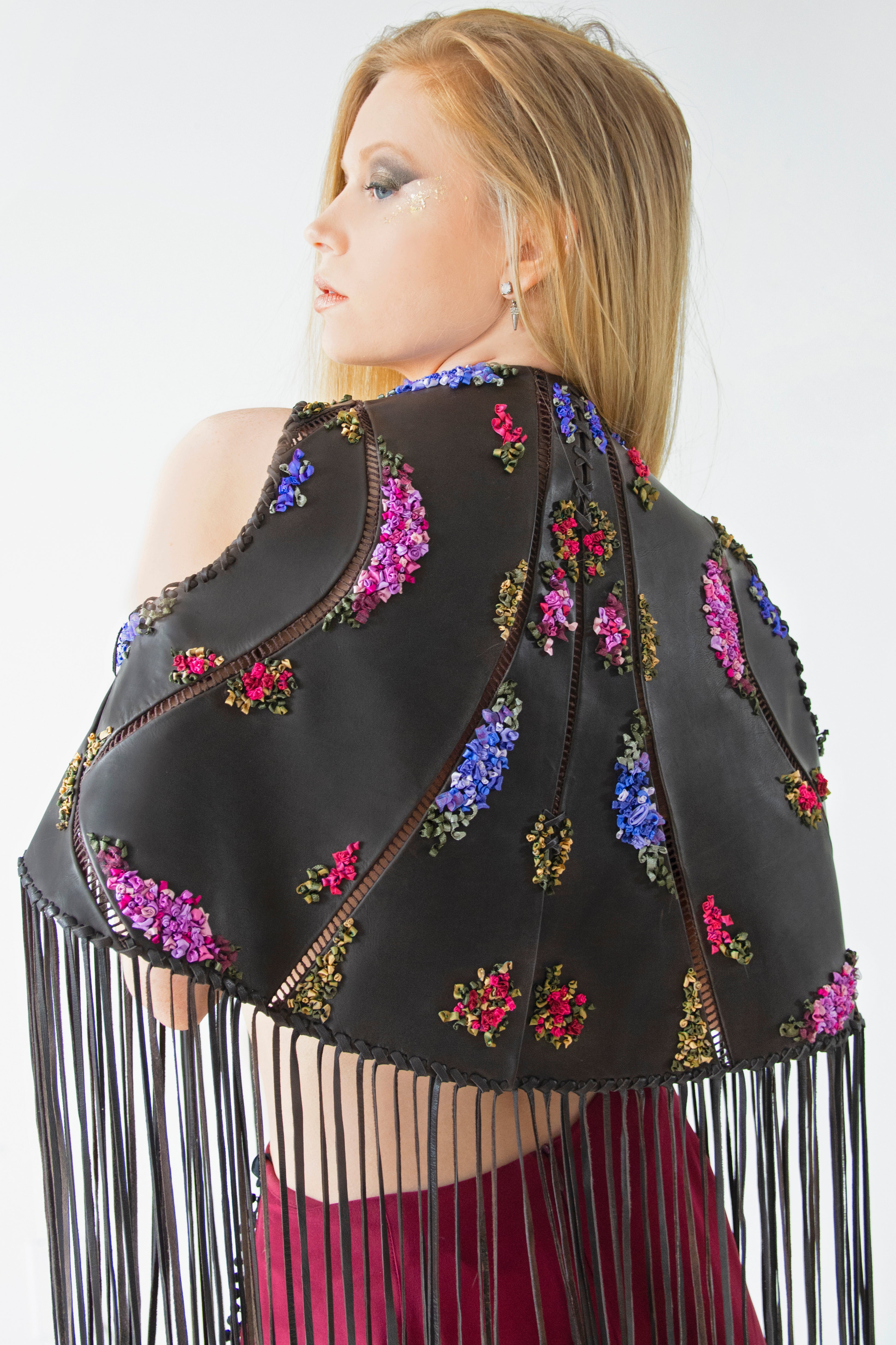 Silk Ribbon Embroidered Leather Jacket with Long Tassels - KxLNewYork