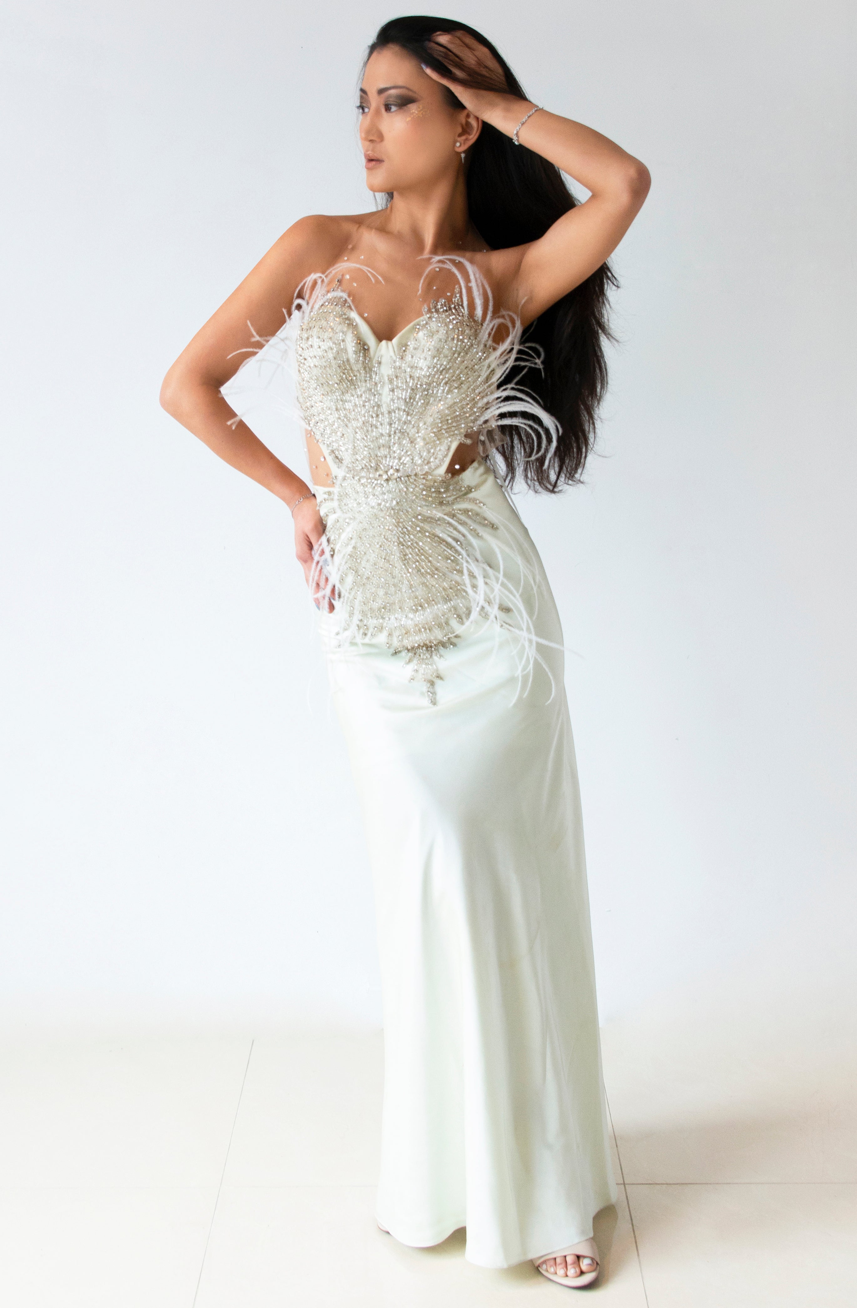 Mint Crystal Beaded with Feathers Evening Gown - KxLNewYork