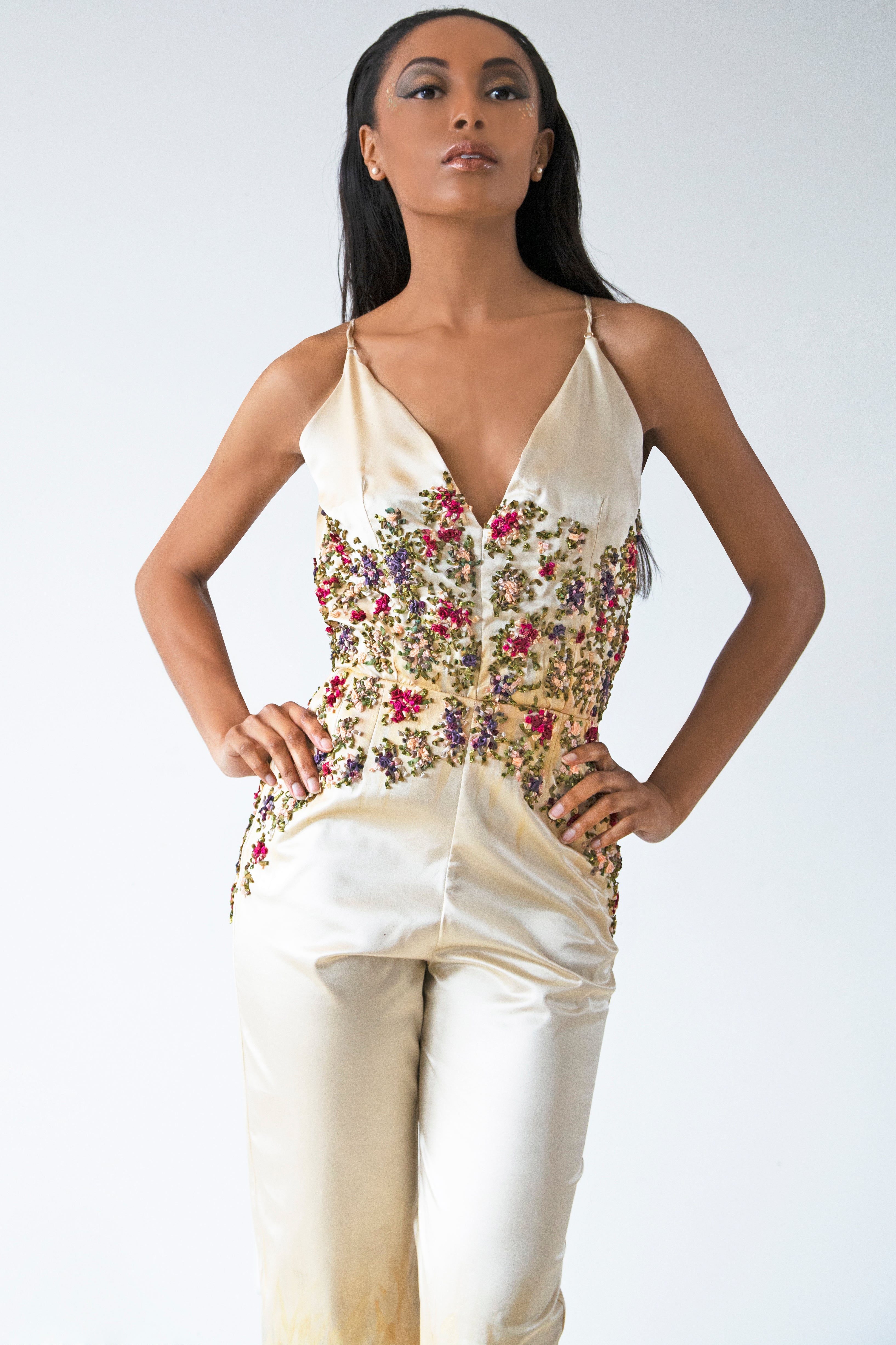 Silk Satin Jumpsuit with Floral Ribbon Embroidery & Metallic Highlights - KxLNewYork
