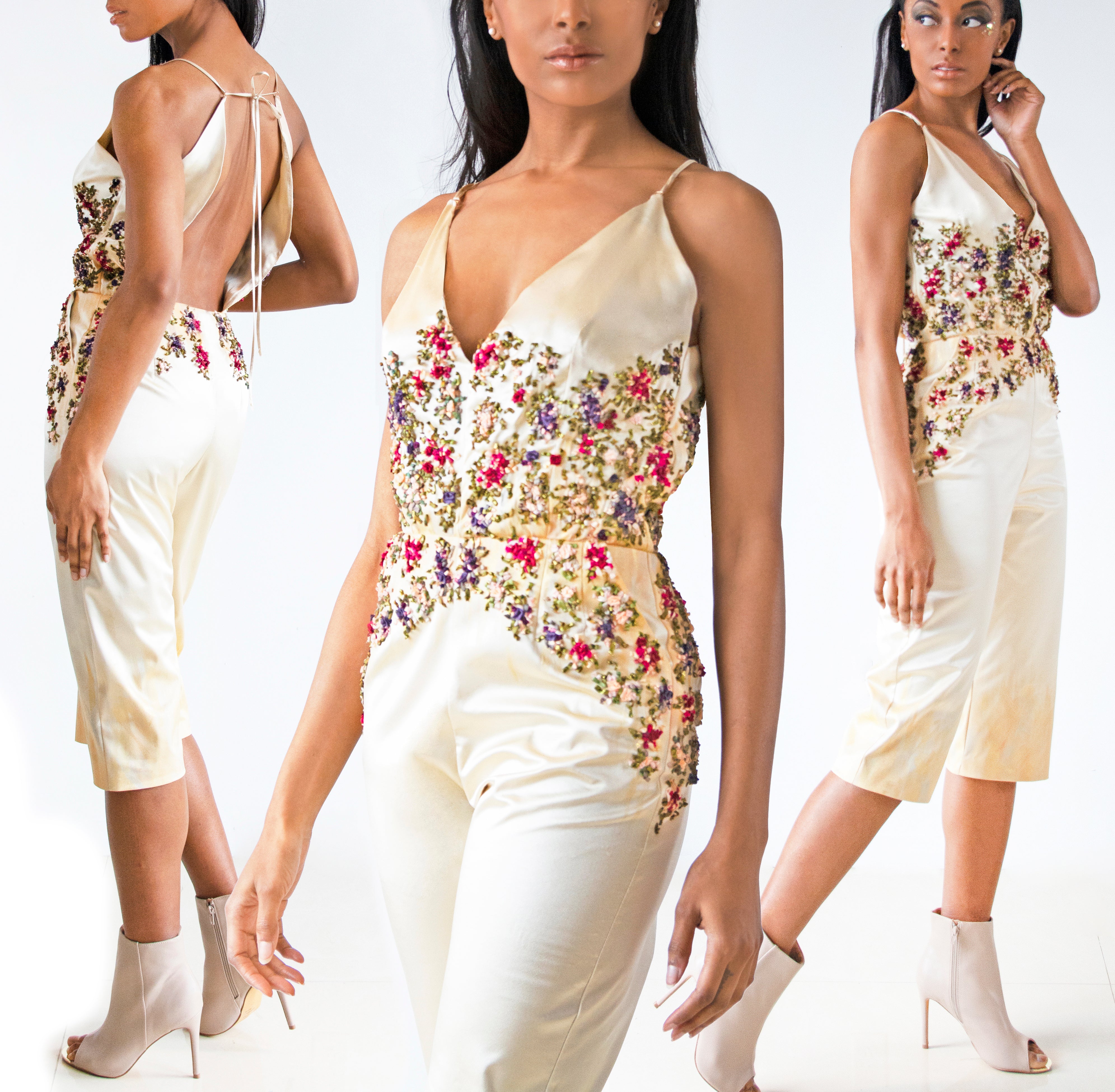 Silk Satin Jumpsuit with Floral Ribbon Embroidery & Metallic Highlights - KxLNewYork