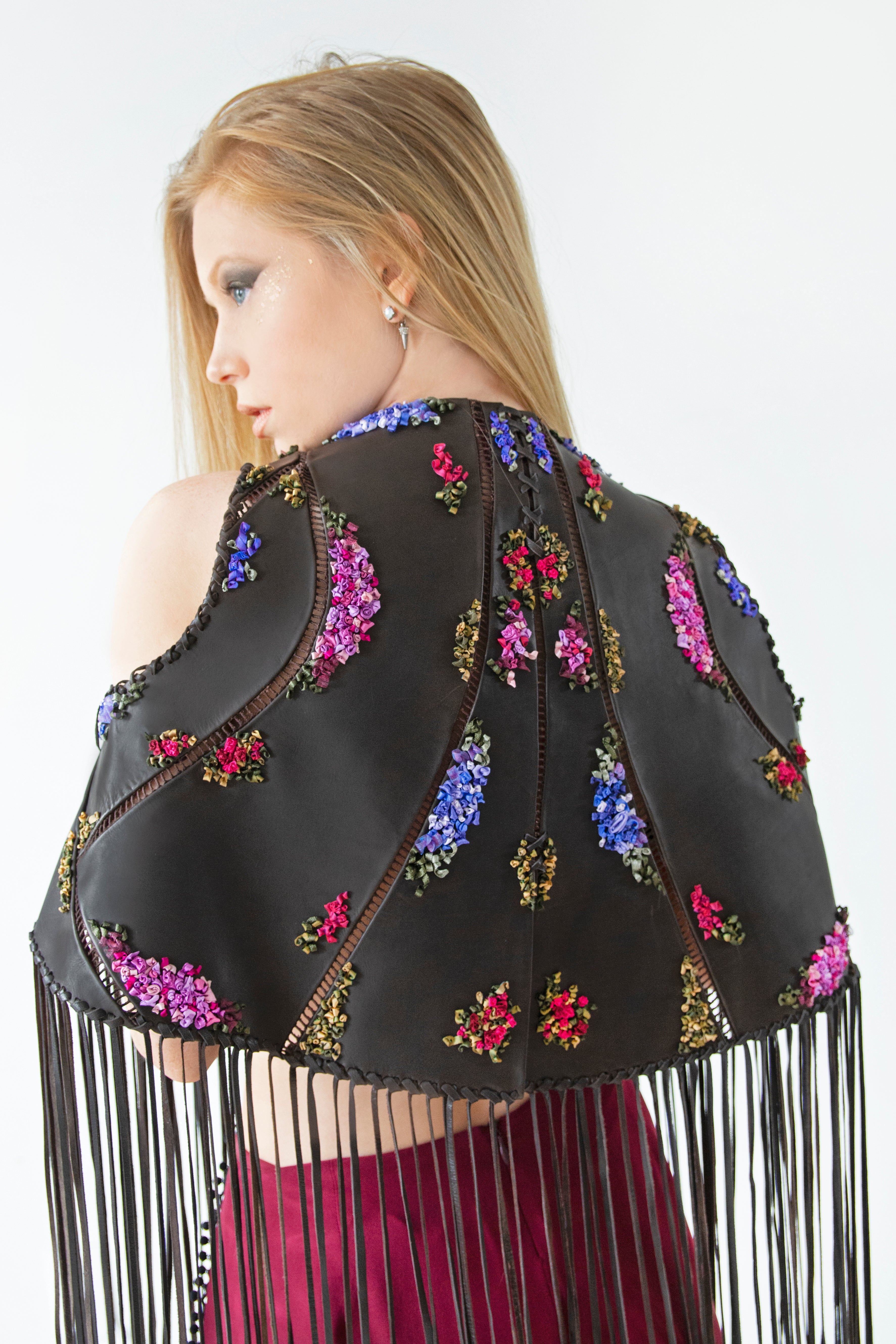Fringe Leather Jacket with Silk Ribbon Embroidery - KxLNewYork