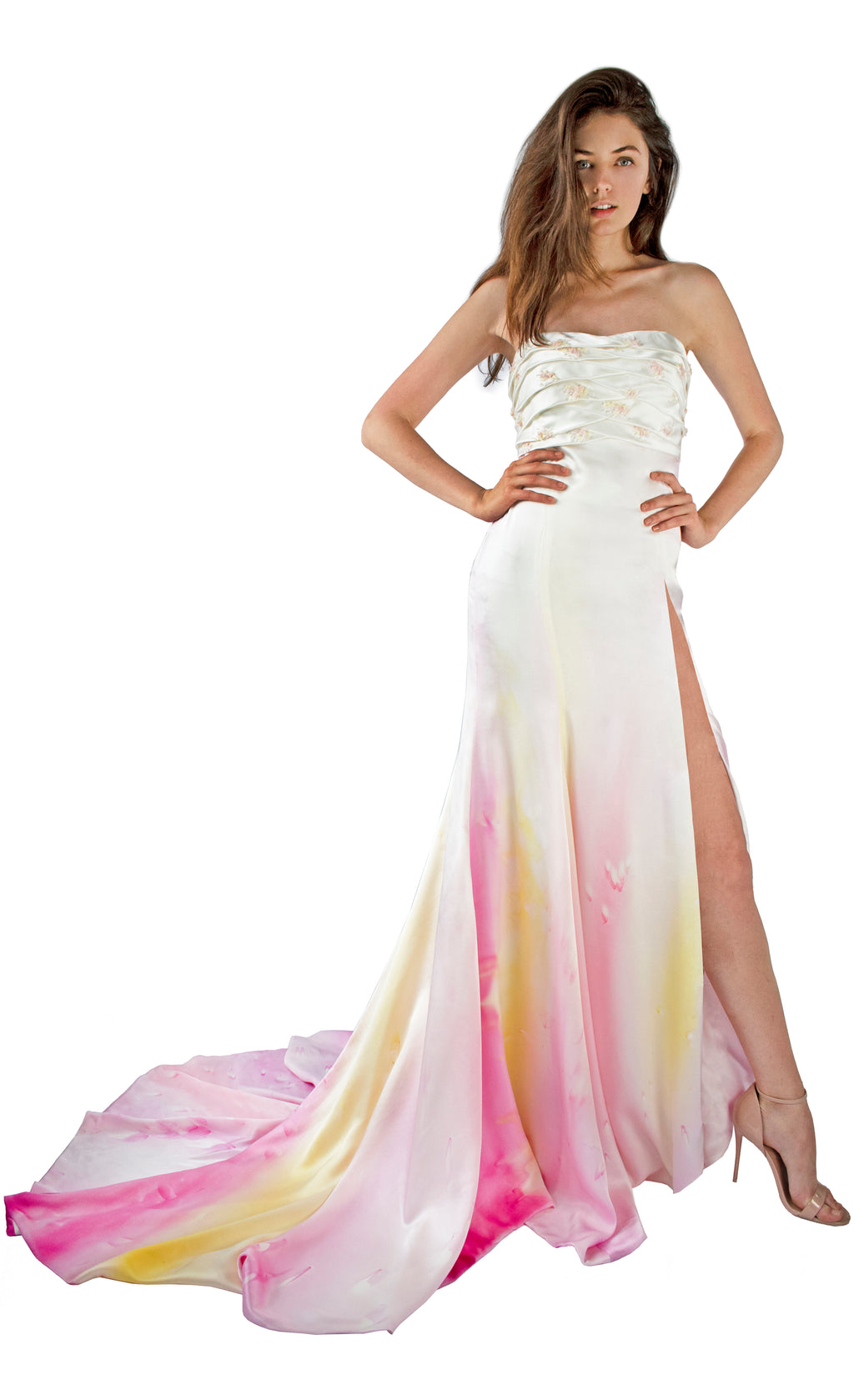Lady of Verona Silk-Painted Gown with Ribbon Embroidery - KxLNewYork